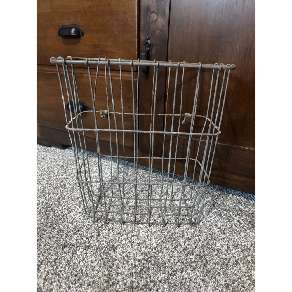 Vintage Industrial Wire Locker Basket Metal Storage Bin Farmhouse Rustic Gray